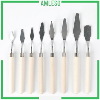 [Amleso] จานสีผสมสีน้ํามัน แบบสเตนเลส 8 ชิ้น พร้อมขอบเรียบ และด้ามจับไม้ สําหรับสีน้ํา และสีน้ํามัน