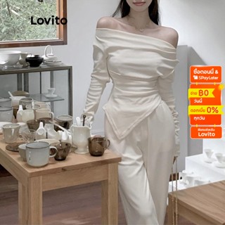 Lovito เซ็ทกางเกงหรูหราสีพื้น เปิดไหล่ แขนยาว สำหรับสตรี LNA06044 (สีขาว)