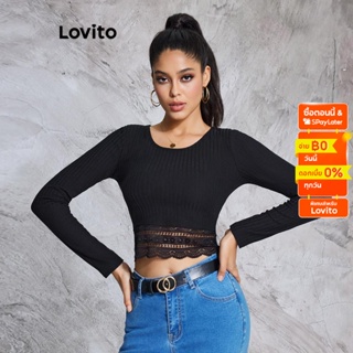 Lovito เสื้อยืดลำลอง สีพื้น ลูกไม้ ทรงคร็อป สำหรับสตรี LBE02075 (สีดำ)