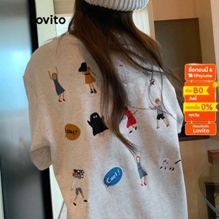 Lovito เสื้อยืดลำลอง แขนสั้น ปักลายการ์ตูน สำหรับผู้หญิง LNA06194 (สีเทาอ่อน)