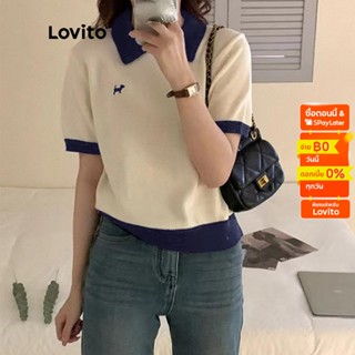 Lovito เสื้อยืด คอกลม แขนสั้น คัลเลอร์บล็อก สไตล์ลำลอง สำหรับผู้หญิง LNE07096 (สีขาว/ดำ)