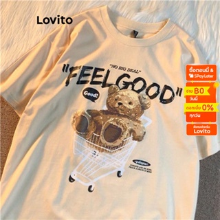 Lovito เสื้อยืดลําลอง พิมพ์ลายการ์ตูนหมี ตัวอักษร สําหรับผู้หญิง LNE16052 (แอปริคอท)