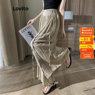 Lovito กางเกงขายาว มีกระเป๋า จับจีบ สีพื้น สไตล์ลำลอง สำหรับผู้หญิง LNE12053 (สีกากี)