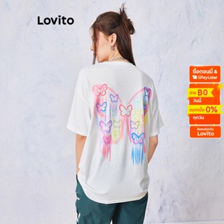 Lovito เสื้อยืดเบสิก ลำลอง ผีเสื้อ สำหรับสตรี LNE10086 (สีขาว)