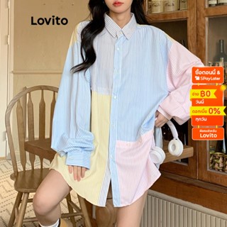 Lovito เสื้อเบลาส์ลำลอง แขนยาว คอปก เย็บปะติดปะต่อ สำหรับผู้หญิง LNA14076 (หลากสี)