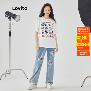 Lovito เสื้อยืดแขนสั้น คอกลม ลายการ์ตูน สไตล์ลำลอง สำหรับผู้หญิง LNE06075 (สีขาว)