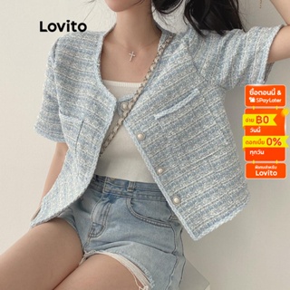 Lovito เสื้อโค้ทหรูหรา สีพื้น มีกระเป๋า คอกลม แขนสั้น สำหรับสตรี LNE04135 (สีน้ำเงิน)