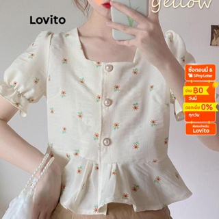 Lovito เสื้อเบลาส์ คอเหลี่ยม ปักลายดอกทานตะวัน ชายระบาย สไตล์ลำลอง สำหรับผู้หญิง LNA04031 (สีเหลืองอ่อน)