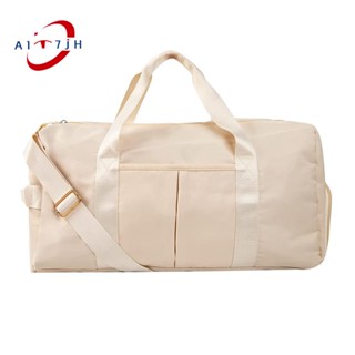 กระเป๋ายิม 1 ชิ้น สําหรับผู้หญิง และผู้ชาย กระเป๋ากีฬา Duffel สําหรับเต้นรํา และว่ายน้ํา กระเป๋าเดินทาง พร้อมกระเป๋าเปียก และช่องรองเท้า สีเบจ