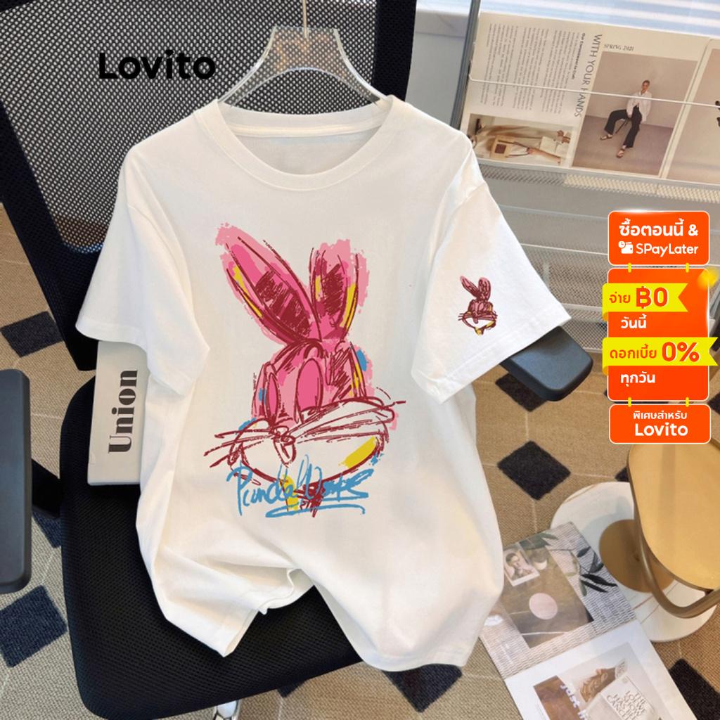 T-shirts 162 บาท Lovito เสื้อยืดลำลอง เบสิก แขนสั้น คอกลม ลายการ์ตูน สำหรับผู้หญิง LNE07073 (สีขาว) Women Clothes