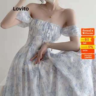 Lovito เดรสเปิดไหล่ มีซิป ลายดอกไม้ สไตล์ลำลอง สำหรับผู้หญิง LNA11059 (สีฟ้า)