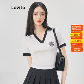 Lovito เสื้อยืด แขนสั้น คอปก บล็อกสี สีพื้น สไตล์ลำลอง สำหรับผู้หญิง LNE06030 (สีดำ และ สีขาว)