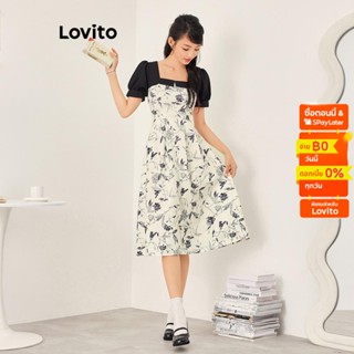 Lovito เดรสมิดิ ทรงเอ แขนสั้น ลายดอกไม้ สไตล์ลำลอง สำหรับผู้หญิง LNA11016 (สีดำ)