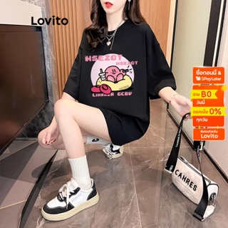 Lovito เสื้อยืด คอกลม พิมพ์ลายตัวอักษร สำหรับผู้หญิง LNA14134 (สีดำ)