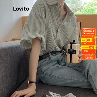 Lovito เสื้อเบลาส์ แขนสั้น คอปก กระดุมหน้า ลายทาง สไตล์ลำลอง สำหรับผู้หญิง LNA08047 (สีเทา)