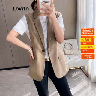 Lovito เสื้อเบลเซอร์ลําลอง คอปก แขนกุด แต่งกระดุม สําหรับผู้หญิง LNE09053 (สีกากี)