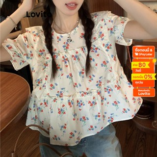 Lovito เสื้อเบลาส์ลําลอง ลายดอกไม้ แต่งระบาย สําหรับผู้หญิง LNA17003 (สีขาว)