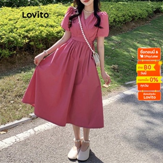 Lovito เดรสแม็กซี่ ทรงเอ แขนพองสั้น คอวี แต่งกระเป๋า สีพื้น สไตล์ลำลอง สำหรับผู้หญิง LNE11190 (สีชมพู)