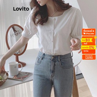 Lovito เสื้อเบลาส์ลำลองสีพื้น มีกรุดุม คอเหลี่ยม สำหรับสตรี LNA04158 (สีขาว)