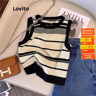 Lovito เสื้อถัก แขนกุด คอปก สีตัดกัน ลายทาง สไตล์ลำลอง สำหรับผู้หญิง LNA07134 (สีชมพู/สีดำ และ สีขาว)