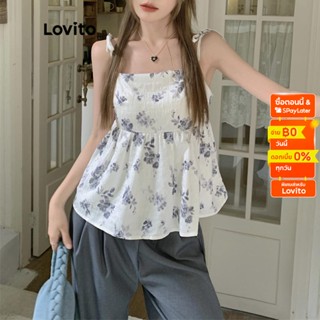 Lovito เสื้อยืดลำลอง ลายดอกไม้ แขนกุด สำหรับสตรี LNA10019 (สีน้ำเงิน)