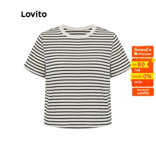 Lovito เสื้อยืดแขนสั้น คอกลม ลายทาง สไตล์ลำลอง สำหรับผู้หญิง LNE06157 (สีออฟไวท์)