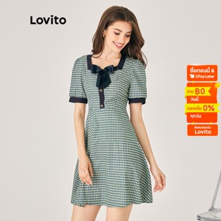 Lovito ชุดเดรส คอเหลี่ยม สีคัลเลอร์บล็อก แต่งโบ ลายสก๊อต สไตล์ลำลอง สำหรับผู้หญิง LNE02029 (สีดำและสีขาว)