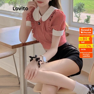 Lovito เสื้อเบลาส์ลำลอง ลายตาราง คัลเลอร์บลอค ขอบปลายหยัก สำหรับสตรี LNA14240 (สีแดง)