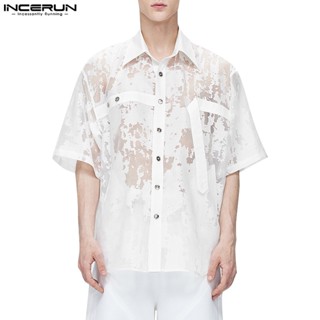 Incerun เสื้อเชิ้ตแขนสั้น ซีทรู ลูกไม้ ลายทาง สไตล์เกาหลี สําหรับผู้ชาย