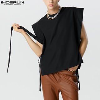 Incerun เสื้อกล้าม คอกลม แขนกุด ริบบิ้น สีพื้น สไตล์วินเทจ สําหรับผู้ชาย