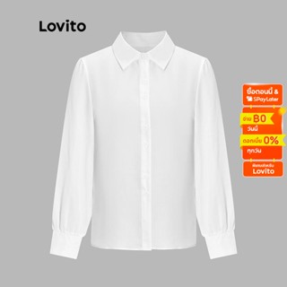 Lovito เสื้อเบลาส์ แขนยาว คอปก กระดุมหน้า สีพื้น สไตล์สง่า สำหรับผู้หญิง LNE06037 (สีออฟไวต์)