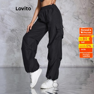 Lovito กางเกงขายาว มีกระเป๋า สำหรับผู้หญิง LBE02012 (สีดำ)