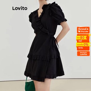 Lovito ชุดเดรส ชายระบาย แขนพอง เชือกผูก สีพื้น สไตล์ลำลอง สำหรับผู้หญิง LNE11016 (สีดำ)