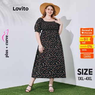 Lovito Plus Size Curve เดรสแม็กซี่ ทรงเอ แขนสั้น คอเหลี่ยม ลายดอกไม้ สไตล์โบโฮ สำหรับผู้หญิง LPS08074 (สีดำ)