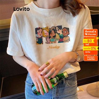 Lovito เสื้อยืดลำลอง คอกลม แขนสั้น ลายการ์ตูน สำหรับผู้หญิง LNA06201 (สีขาว/ดำ)