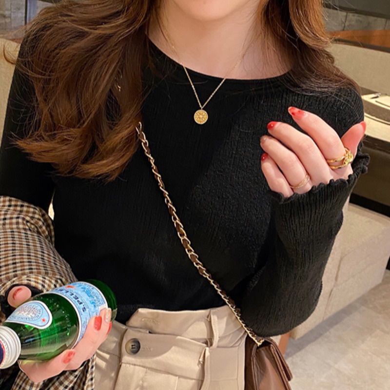 ซูซี สีทึบเรียบง่ายเสื้อถักผู้หญิงฤดูใบไม้ร่วงสลิมฟิตเสื้อแขนยาว - รูปที่ 2