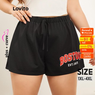 Lovito Plus Size Curve กางเกงขาสั้น เอวยางยืด ผูกเชือกหน้า ลายตัวอักษร สไตล์ลำลอง สำหรับผู้หญิง LPS07026 (สีดำ)
