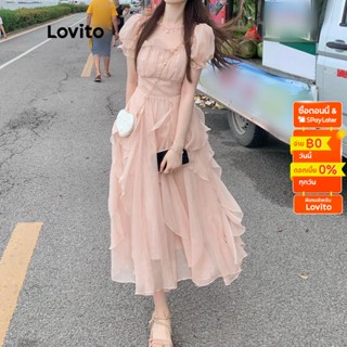 Lovito ชุดเดรส แขนสั้น คอกลม สีพื้น สไตล์สง่า สำหรับผู้หญิง LNE05069 (สีชมพู)