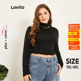 Lovito เสื้อยืด คอกลม ขอบหยัก สีพื้น เข้ารูป พลัสไซซ์ สไตล์ลำลอง สำหรับผู้หญิง LPS07005 (สีดำ)