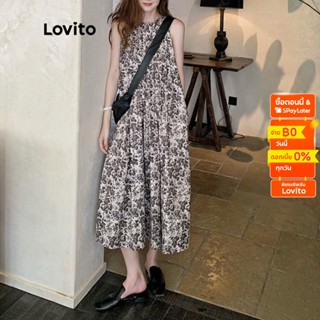 Lovito เดรสทรงเอ มีกระเป๋าข้าง ลายดอกไม้ สไตล์ลำลอง สำหรับผู้หญิง LNE05053 (สีดำ)