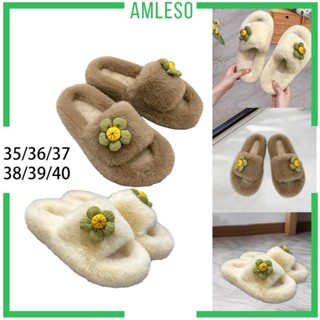 [Amleso] รองเท้าแตะ ประดับขนเฟอร์ แบบสวม เหมาะกับใส่ในห้องนอน สําหรับผู้หญิง