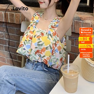 Lovito เสื้อแขนกุด คอเหลี่ยม จีบย่น ลายดอกไม้ สไตล์ลำลอง สำหรับผู้หญิง LNE04005 (หลากสี)