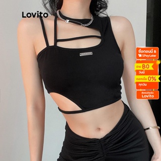 Lovito เสื้อแขนกุด เซ็กซี่สีพื้น ทรงอสมมาตร สำหรับสตรี LNE10187 (สีดำ)