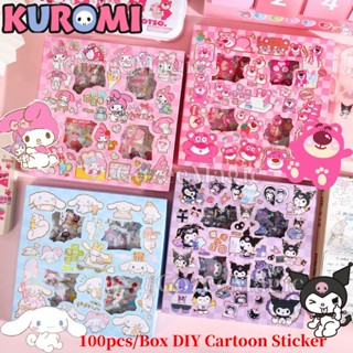 สติกเกอร์ PVC ใส ลายการ์ตูน Sanrio Cinnamon Kuromi Strawberry Bear Pochacco น่ารัก กันน้ํา ของขวัญวันเกิด DIY 100 ชิ้น ต่อกล่อง