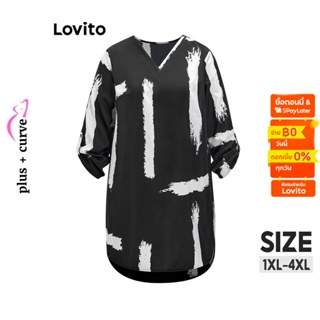 Lovito เดรสพลัสไซซ์ ทรงโค้ง ลำลอง ลายทาง สำหรับสตรี LBE02090 (สีดำ)