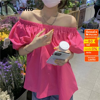 Lovito เสื้อเบลาส์แขนพัฟลําลอง ลายผักกาดหอม สําหรับผู้หญิง LNA16217 (สีชมพูสุดฮิต)