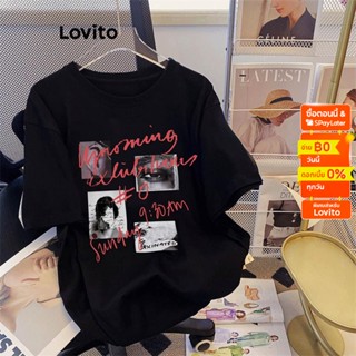 Lovito เสื้อยืดลําลอง แขนสั้น พิมพ์ลายฟิกเกอร์พื้นฐาน สําหรับผู้หญิง LNA17055 (สีดํา)