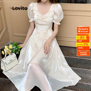 Lovito ชุดเดรส แขนพอง สีพื้น สไตล์สง่า สำหรับผู้หญิง LNE11042 (สีแอปริคอท)