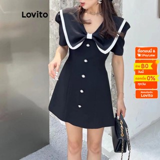 Lovito ชุดเดรส แขนสั้น แต่งโบ สีพื้น สไตล์น่ารัก สำหรับผู้หญิง LNE12037 (สีดำ)