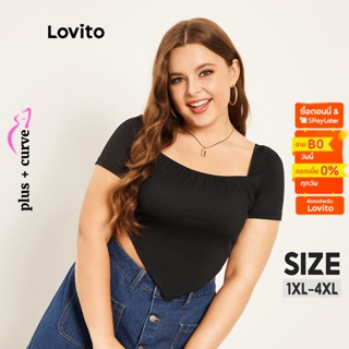 Lovito Plus Size Curve เสื้อครอป แขนสั้น คอเหลี่ยม สีพื้น สไตล์ลำลอง สำหรับผู้หญิง LPS07081 (สีดำ)